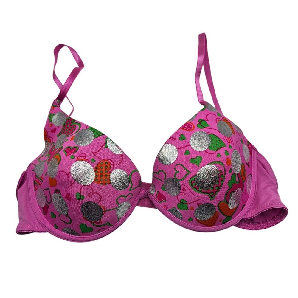 Vintage Y2K Never Naked Womens Sz 36C T Shirt Bra Pink Green Silver